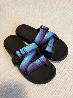 Women’s Chaco Slide Sandals in Blue and Purple Straps
